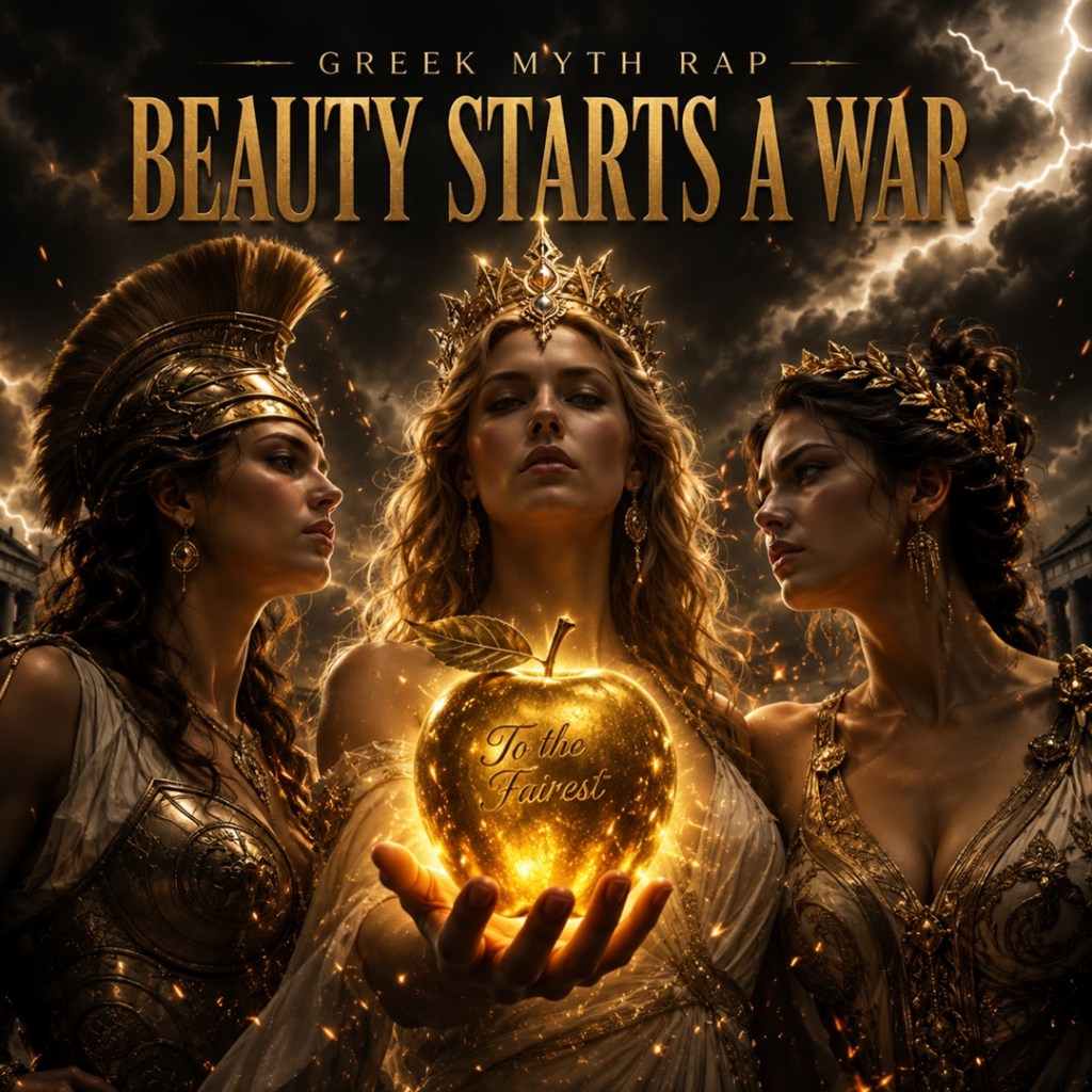 Beauty Starts a War cover art featuring three Greek goddesses surrounding a glowing golden apple